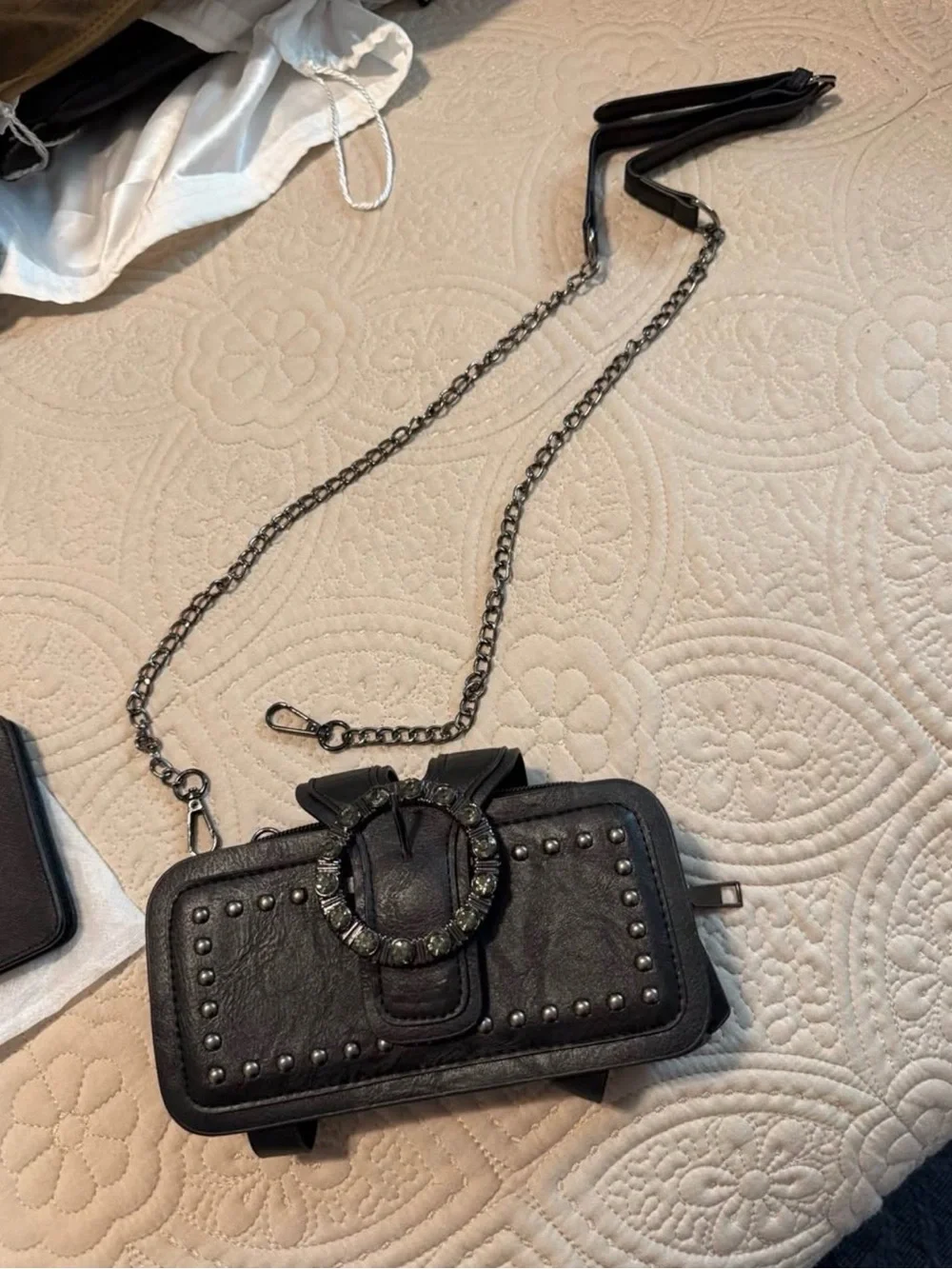 Black Rhinestone Studded Phone Belt Case - Unbranded